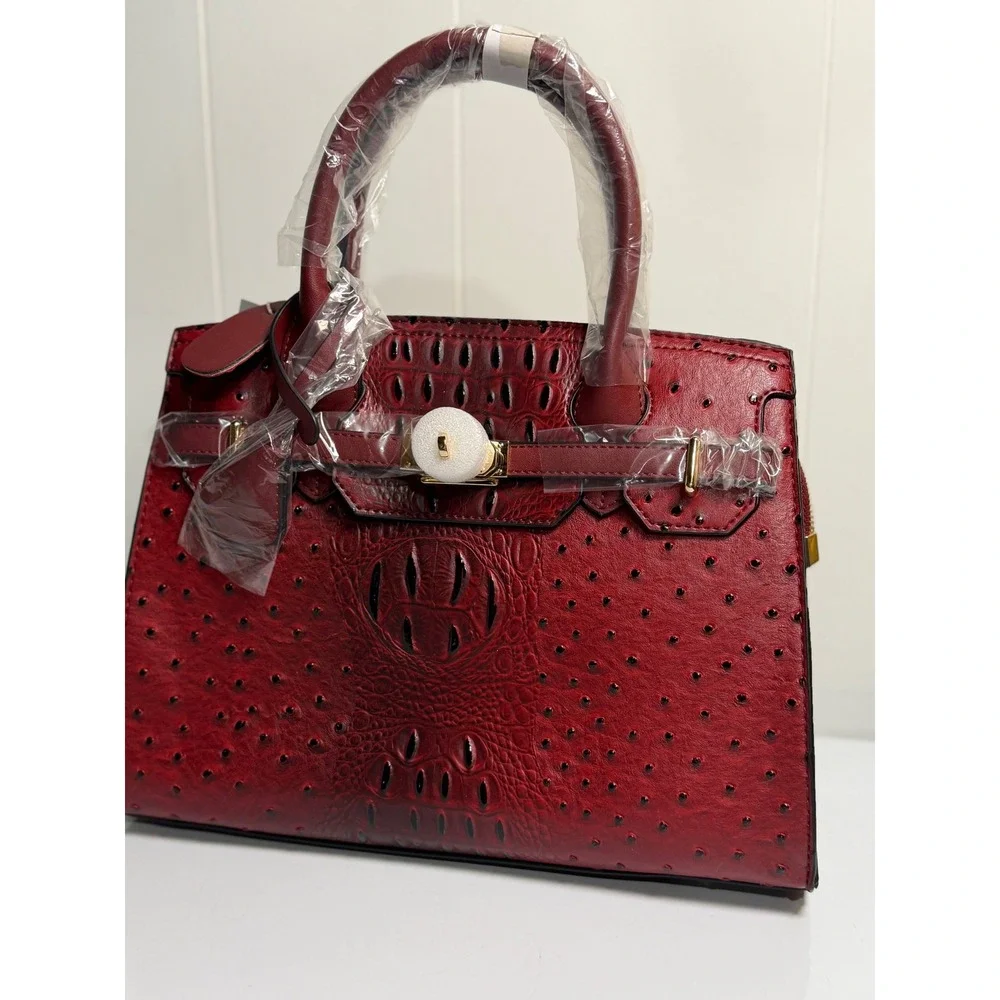 Mellow World Satchel Bag Red Ostrich Croc Embossed Vegan‎ Leather Top Handle New